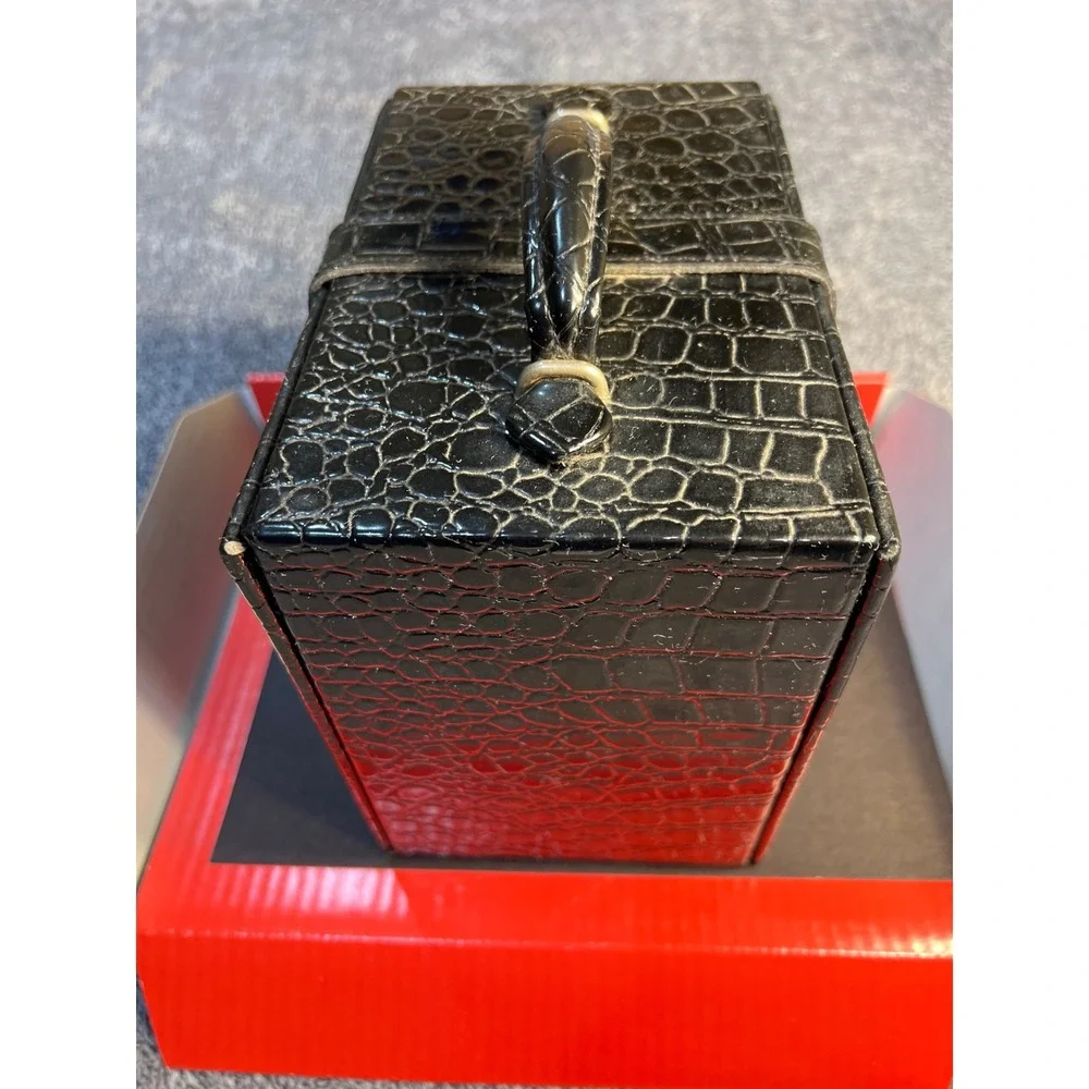 Black Faux Croc Embossed Makeup Train Case Jewelry Box with Mirror & Drawers
